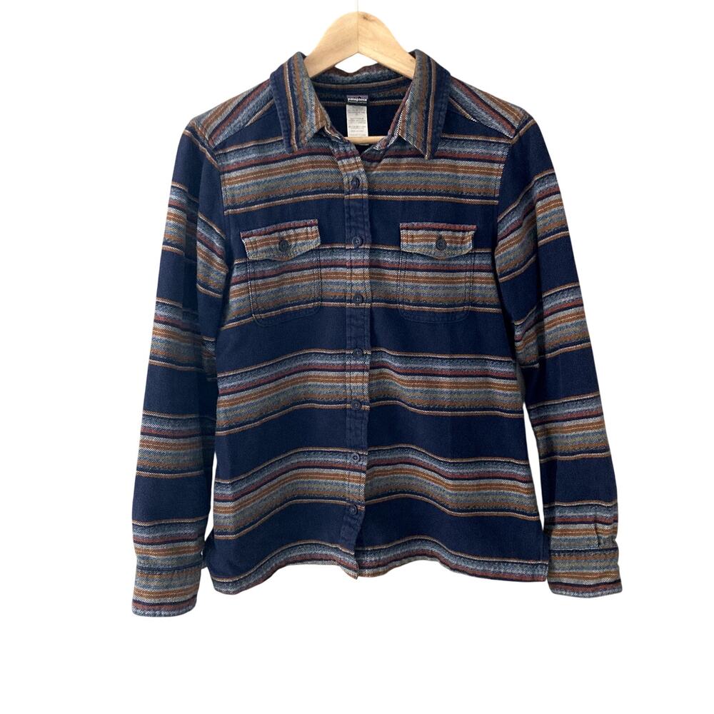 Patagonia Women's Long Sleeved Fjord Flannel Shirt Gaucho Stripe Navy 8